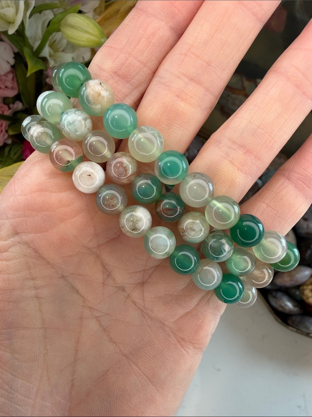 Green Flower Agate Bracelet (listing is for 1): B1206